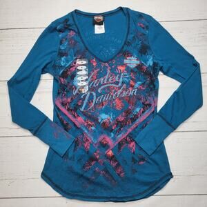Harley Davidson Rhinestone Long Sleeve Tee San Jose California Blue Medium